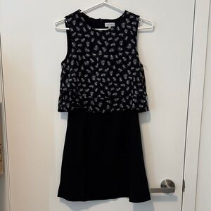Tiered Black Dress with White Leaf Pattern